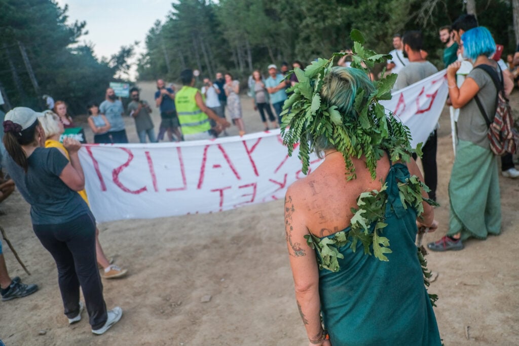 Protest near Kirazli gold mine. One of the protesters is dressed like a god of the forest, with a green robe and green leaves and branches in her hair.