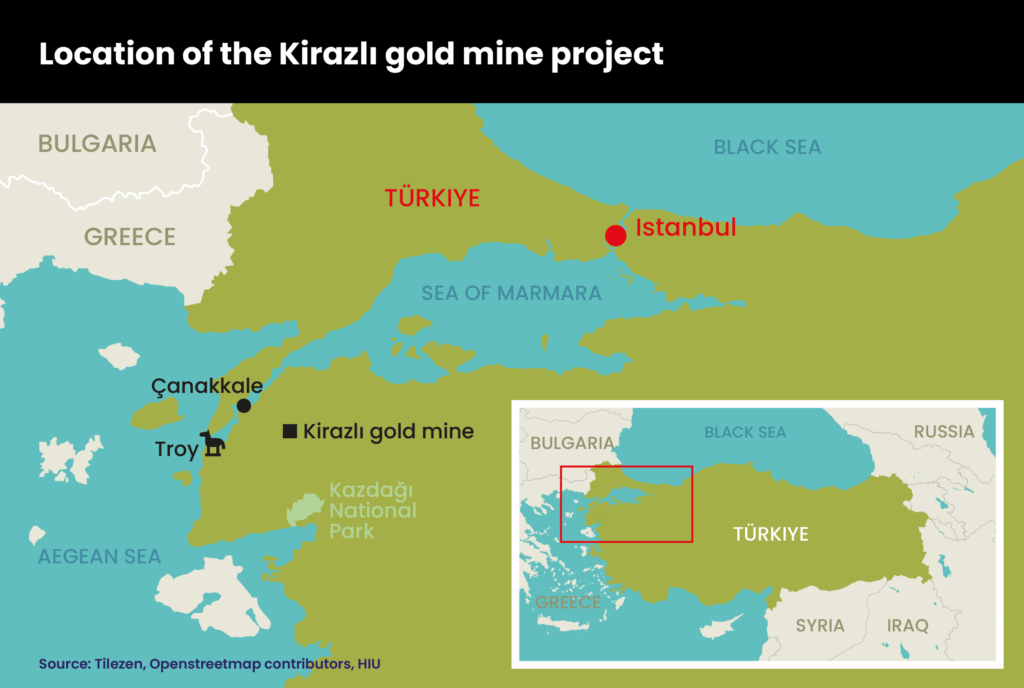 Map of the northwestern part of Türkiye. Showing Istanbul. the Aegean Sea, Çanakkale and the Kirzali gold mine. 