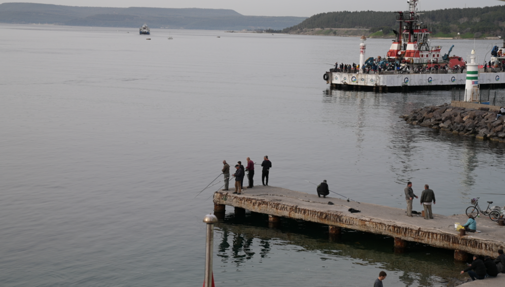 A group of people is fishing in Çanakkale in Türkiye. In the background, there are ferries and forests.