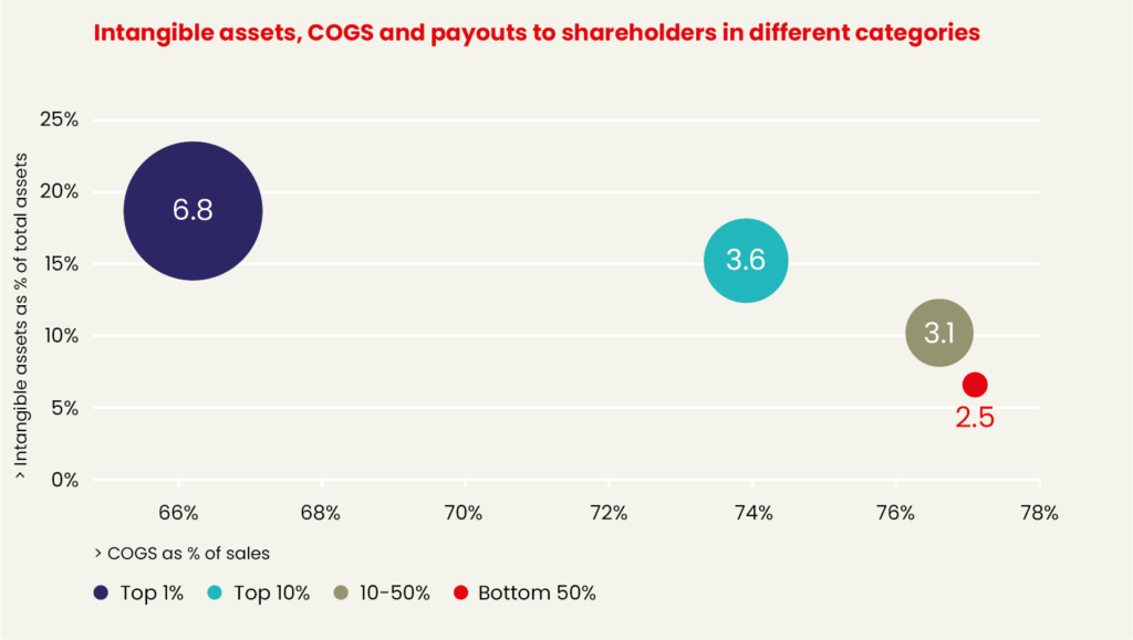 Graph showing how differently sized multinationals score on these 3 dimensions: intangible assets, COGs and payouts-to-shareholders.